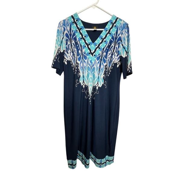 JM Collection Medallion Marvel Dress Intrepid Blue V Neck Short Sleeve Women's S - Picture 2 of 10